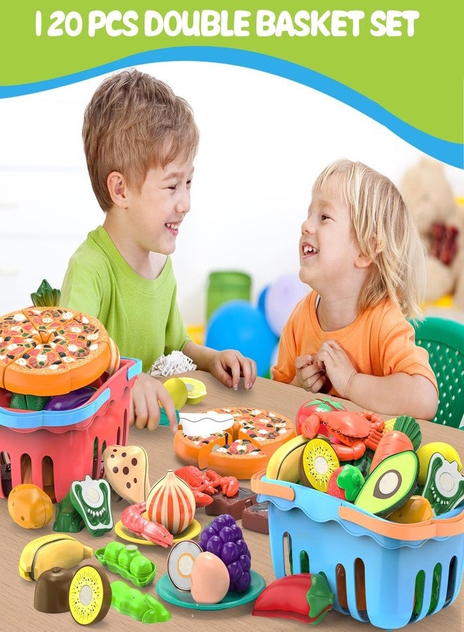 MOEAWS 120 Pcs Cutting Play Food Toy for Multiple Kids with 2 Colors Storage Baskets, Kitchen Pretend Food Set for Toddler, Kitchen Toys Accessories, Fake Food/Fruit/Vegetable, Birthday Gifts for Boy Girl - Image 4